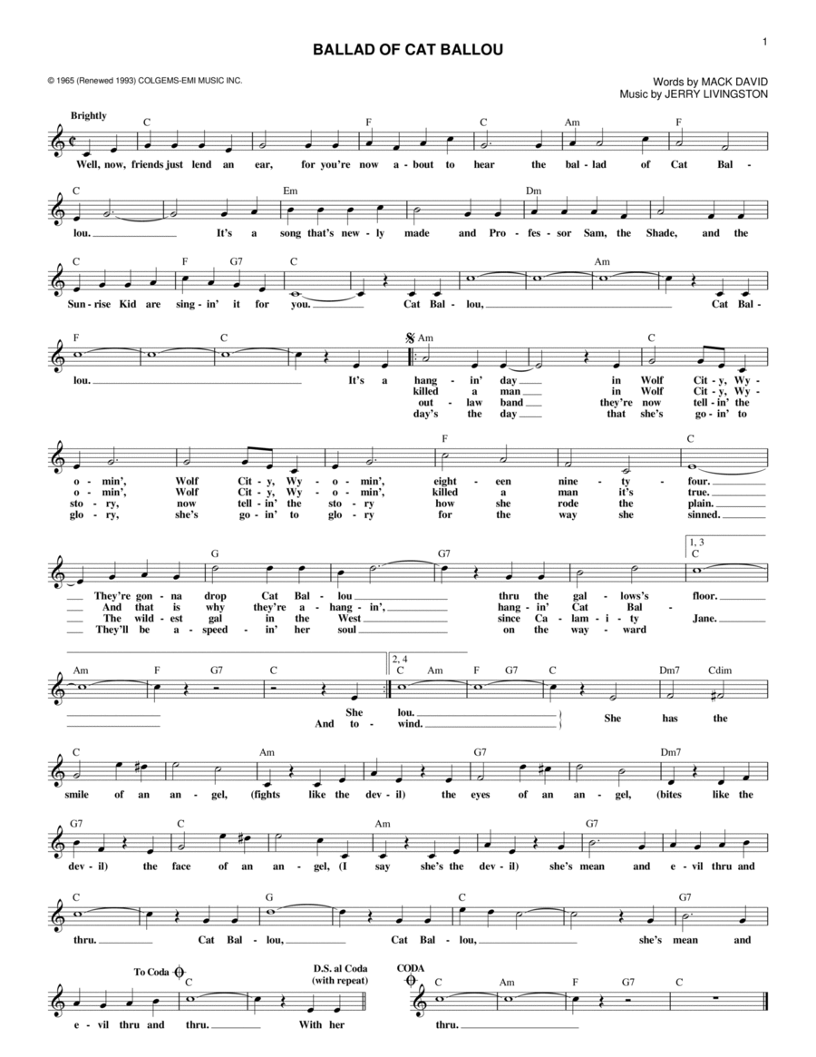 Ballad of Cat Ballou Piano scores gallery preview page 1