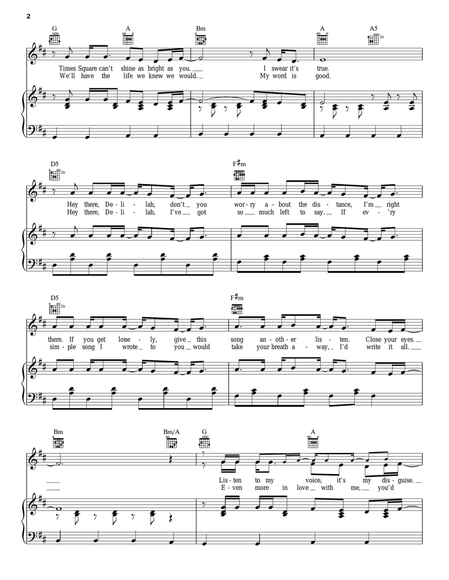 Hey There Delilah Piano, Vocal, Guitar scores gallery preview page 2