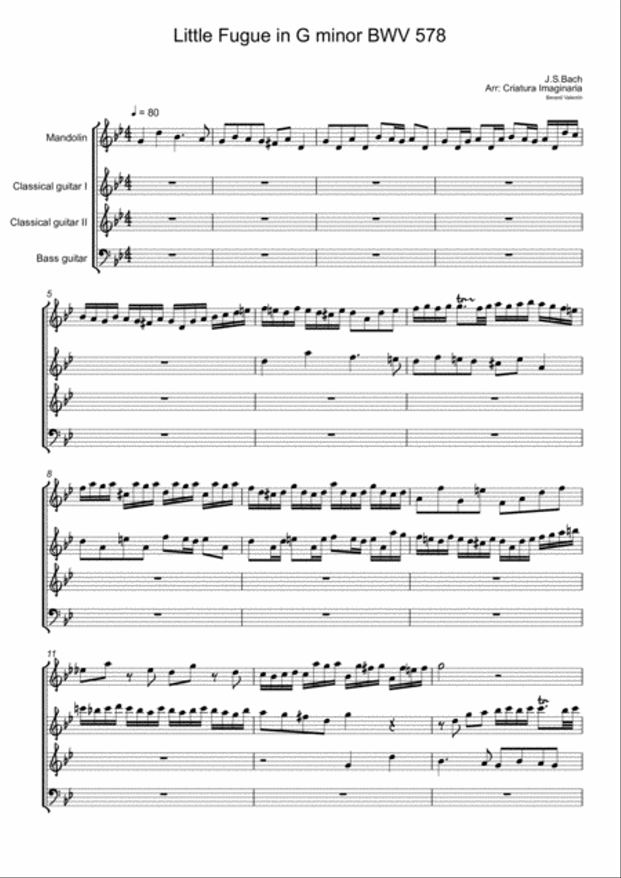 Little Fugue in G minor For plucked quartet - mandolin, 2 guitars & bass guitar Bass Guitar scores gallery preview page 2