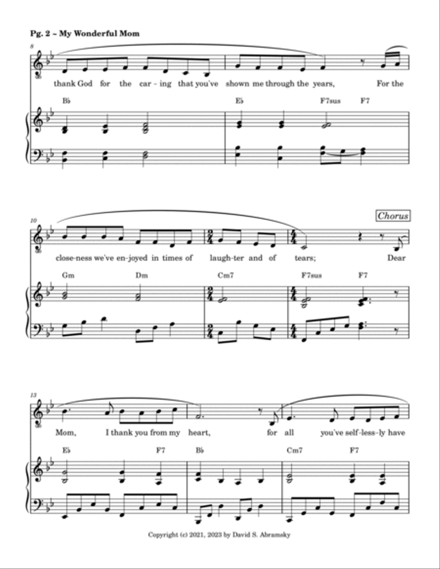 My Wonderful Mom (in Bb) ~ A sweet song (piano+chords+vocal) for Mother's Day or any celebration! Piano, Vocal, Guitar scores gallery preview page 4