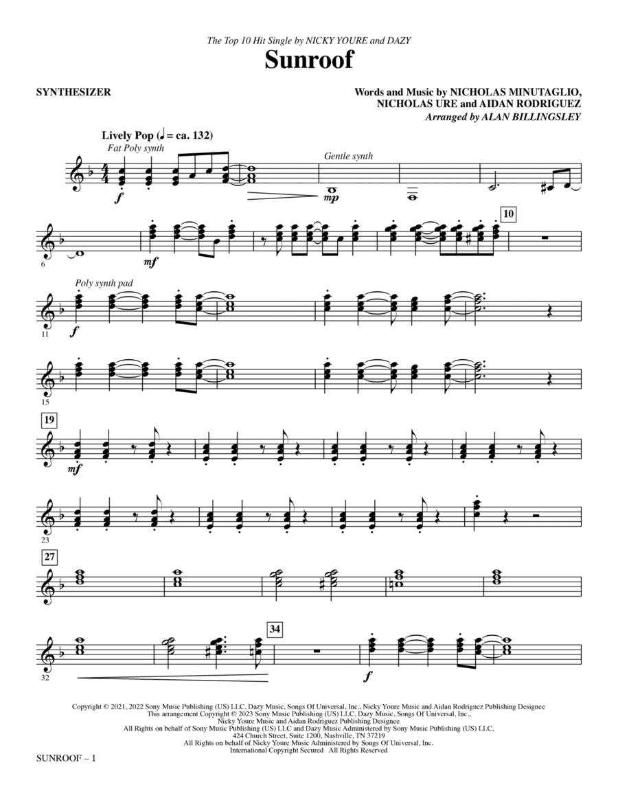 Book cover for Sunroof (arr. Alan Billingsley) - Synthesizer