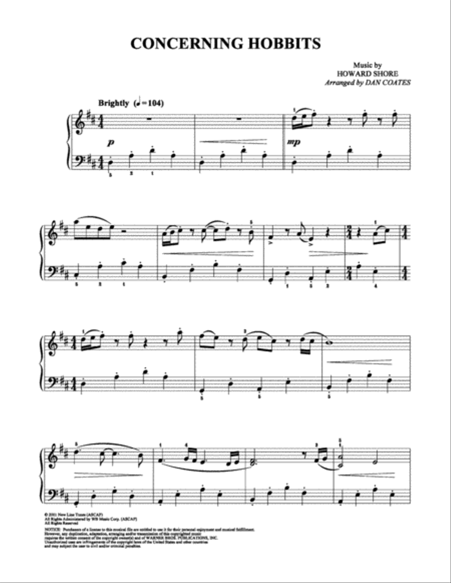 Concerning Hobbits Easy Piano scores gallery preview page 1