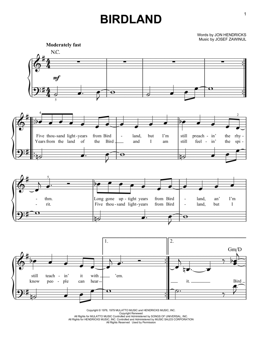Birdland by Weather Report Easy Piano Digital Sheet Music