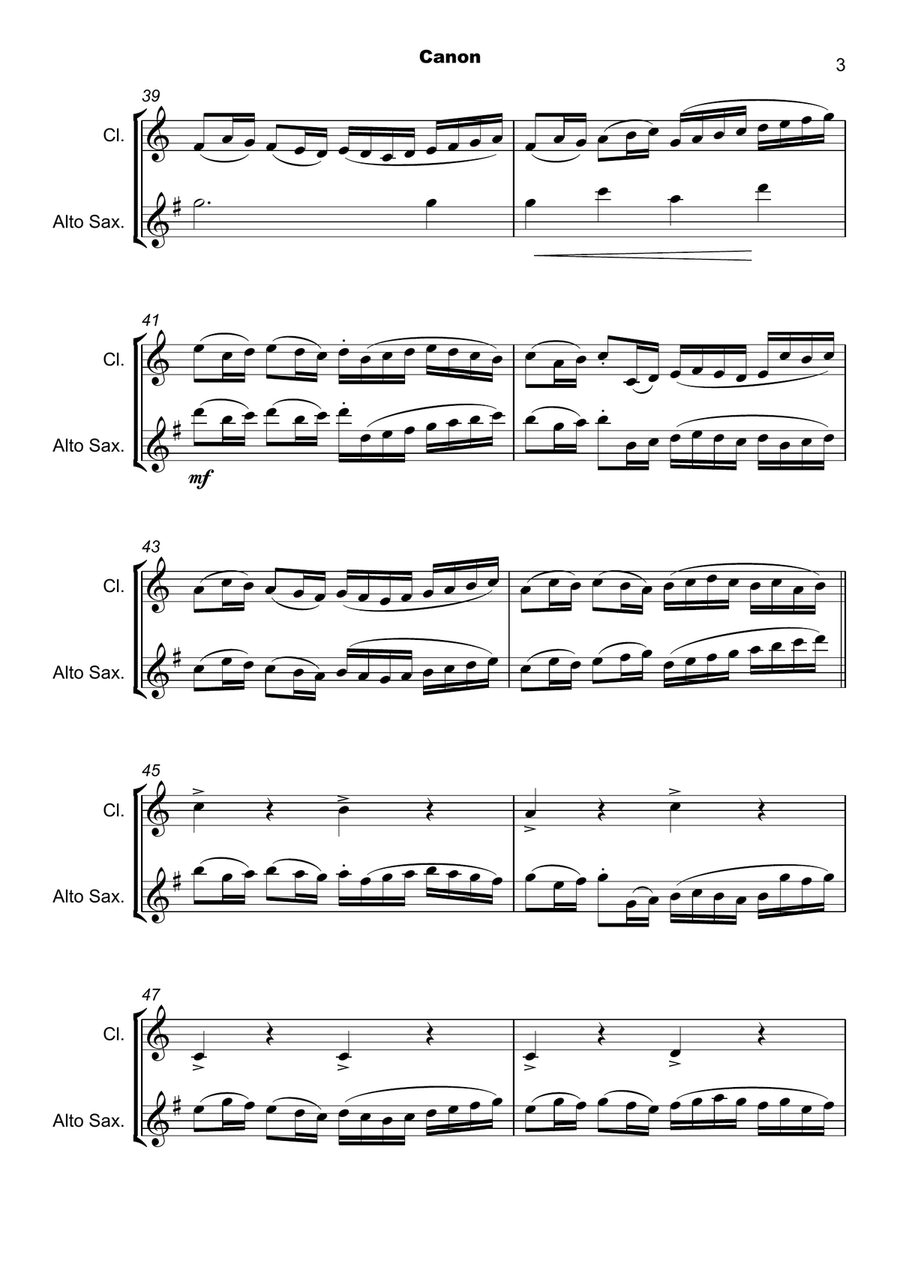Pachelbel's Canon, Clarinet and Alto Saxophone Duet (with optional bass part) Woodwind Duet scores gallery preview page 4