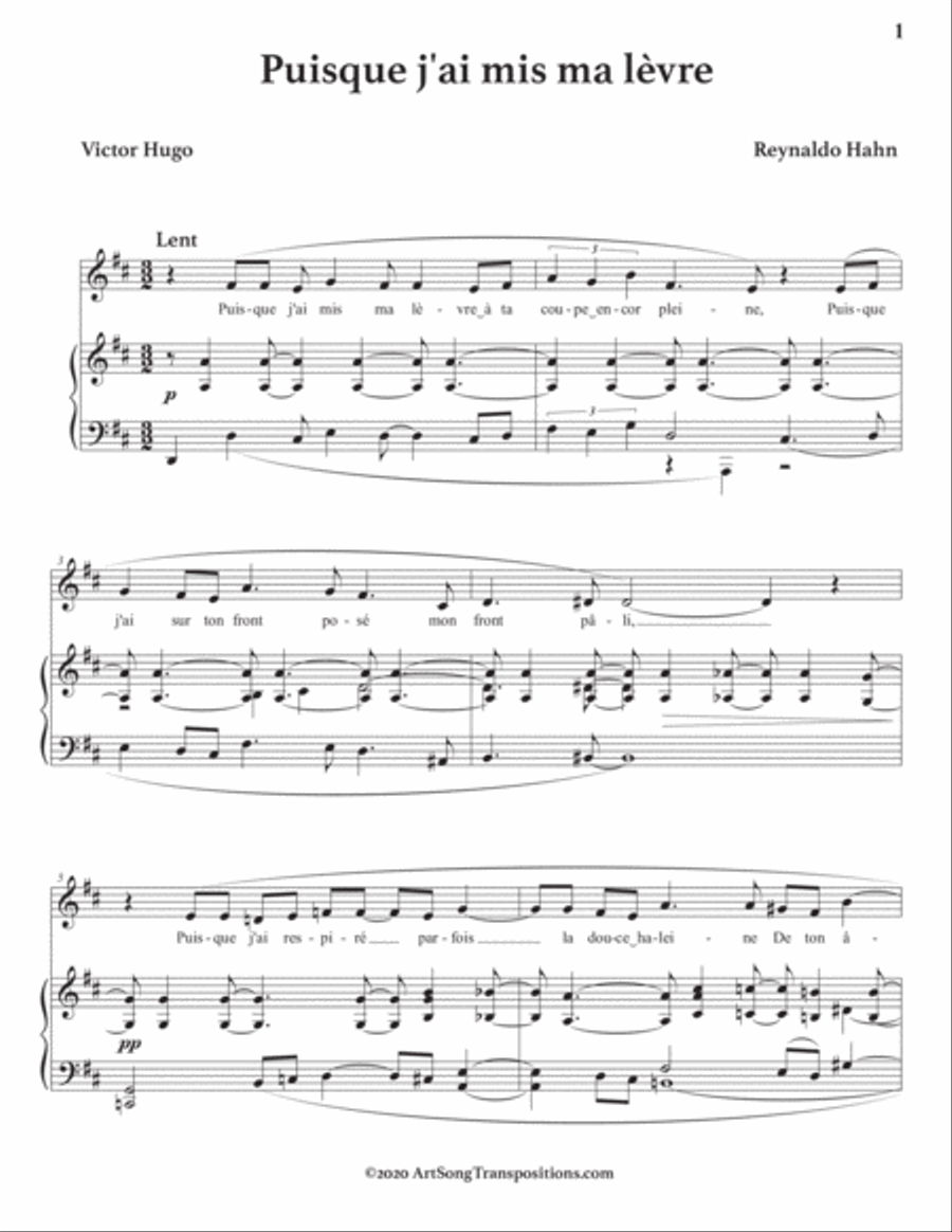 HAHN: Puisque j'ai mis ma lèvre (transposed to D major) Voice scores gallery preview page 2