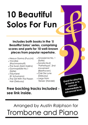 Book cover for COMPLETE Book of 10 Beautiful Trombone Solos for Fun - various levels with FREE BACKING TRACKS