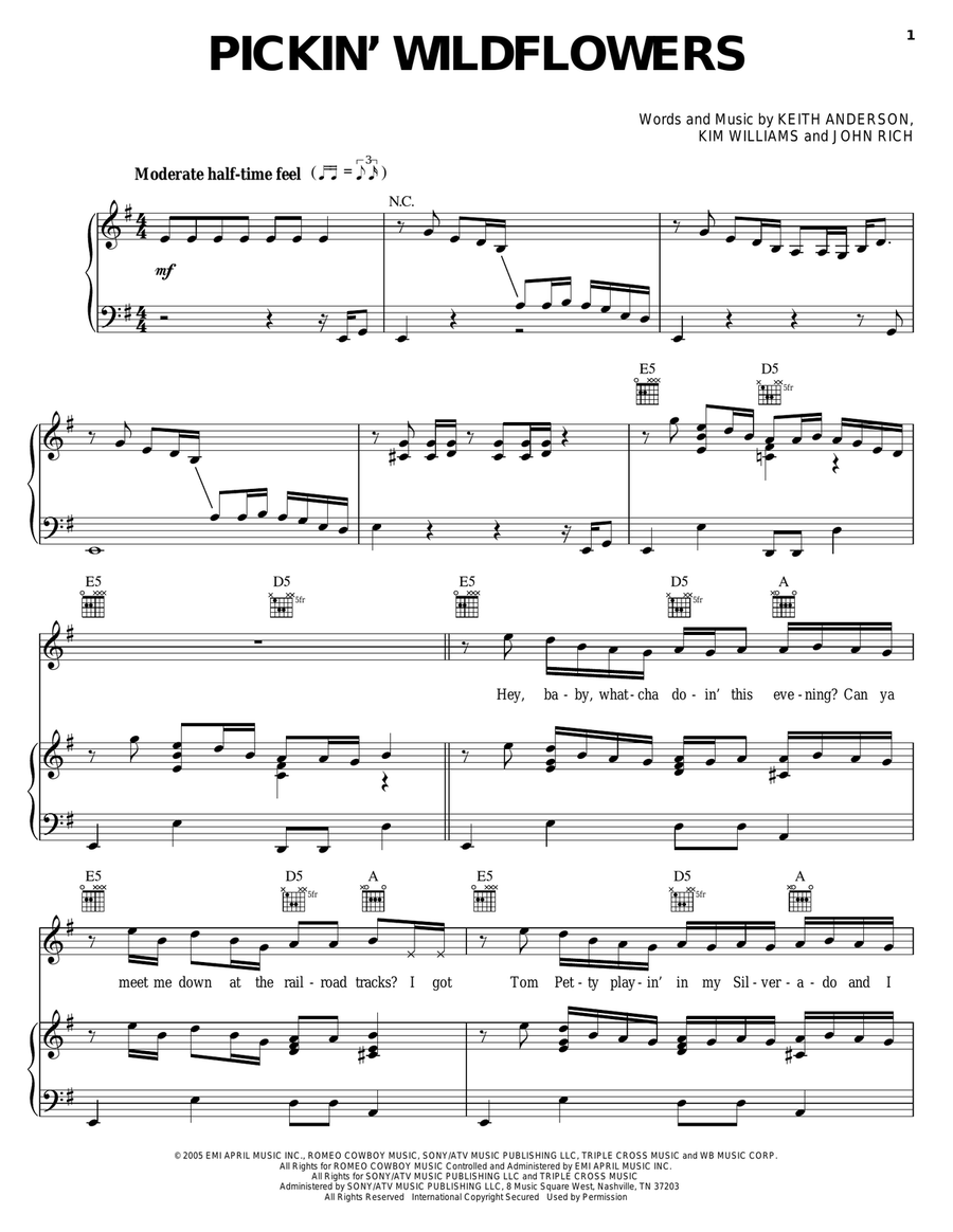 Pickin' Wildflowers Piano, Vocal, Guitar scores gallery preview page 1