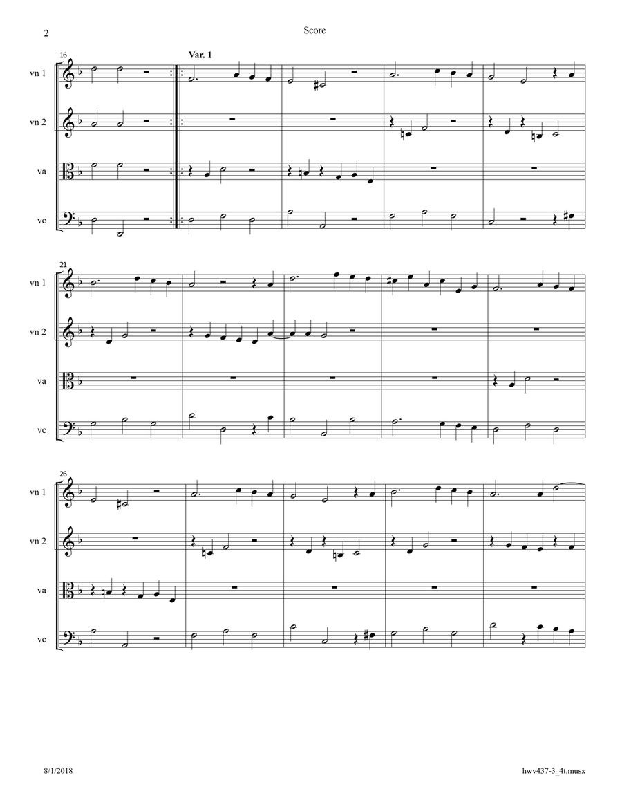 Handel: Suite No. 4 in D minor (HWV 437) - Sarabande; arranged for String Quartet String Quartet scores gallery preview page 2