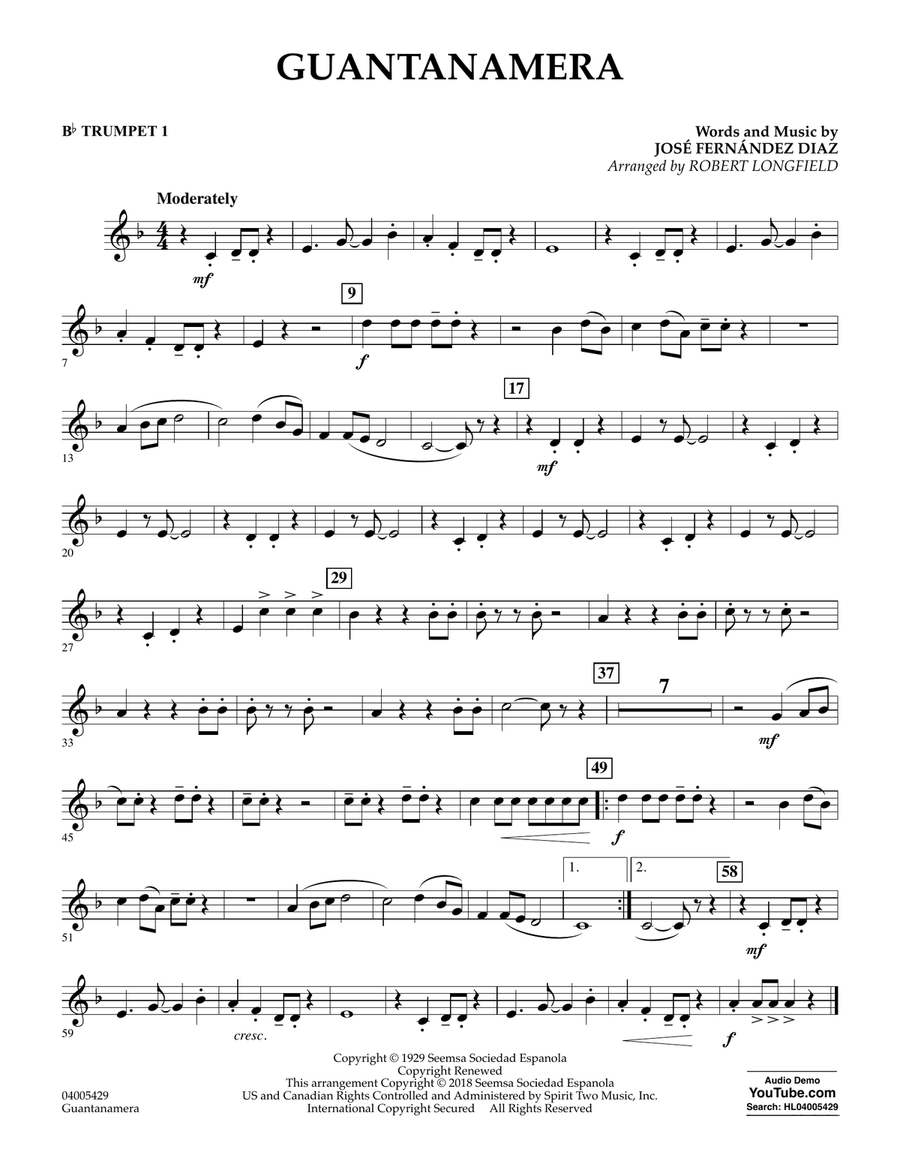 Guantanamera - Bb Trumpet 1 Concert Band scores gallery preview page 1