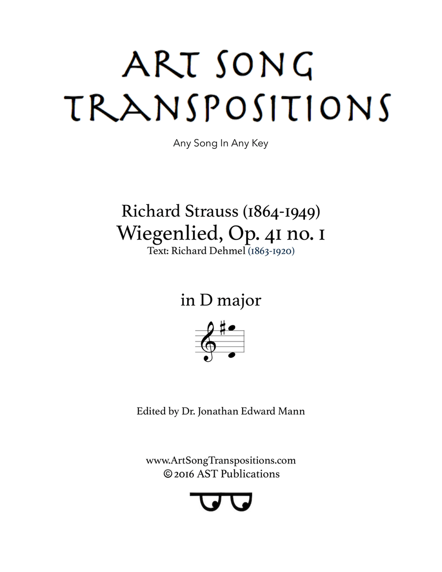 STRAUSS: Wiegenlied, Op. 41 no. 1 (transposed to D major) Piano, Vocal scores gallery preview page 1