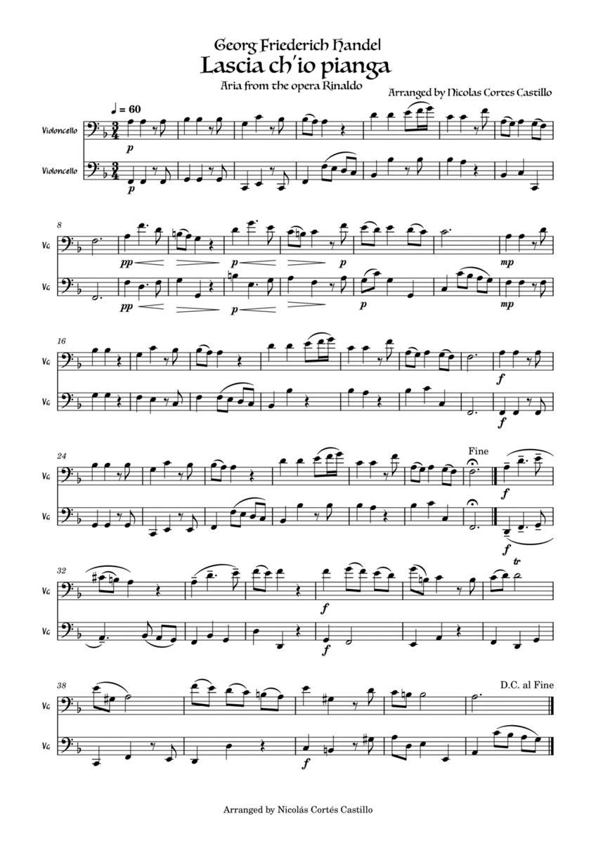 Handel Lascia ch'io pianga for Cello duet image number null