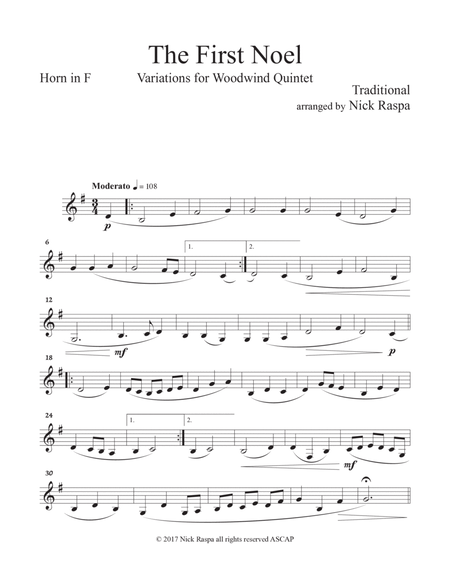 The First Noel (Variations for WW Quintet - fl., ca., cl., hn. in F, bsn. ) Horn in F part