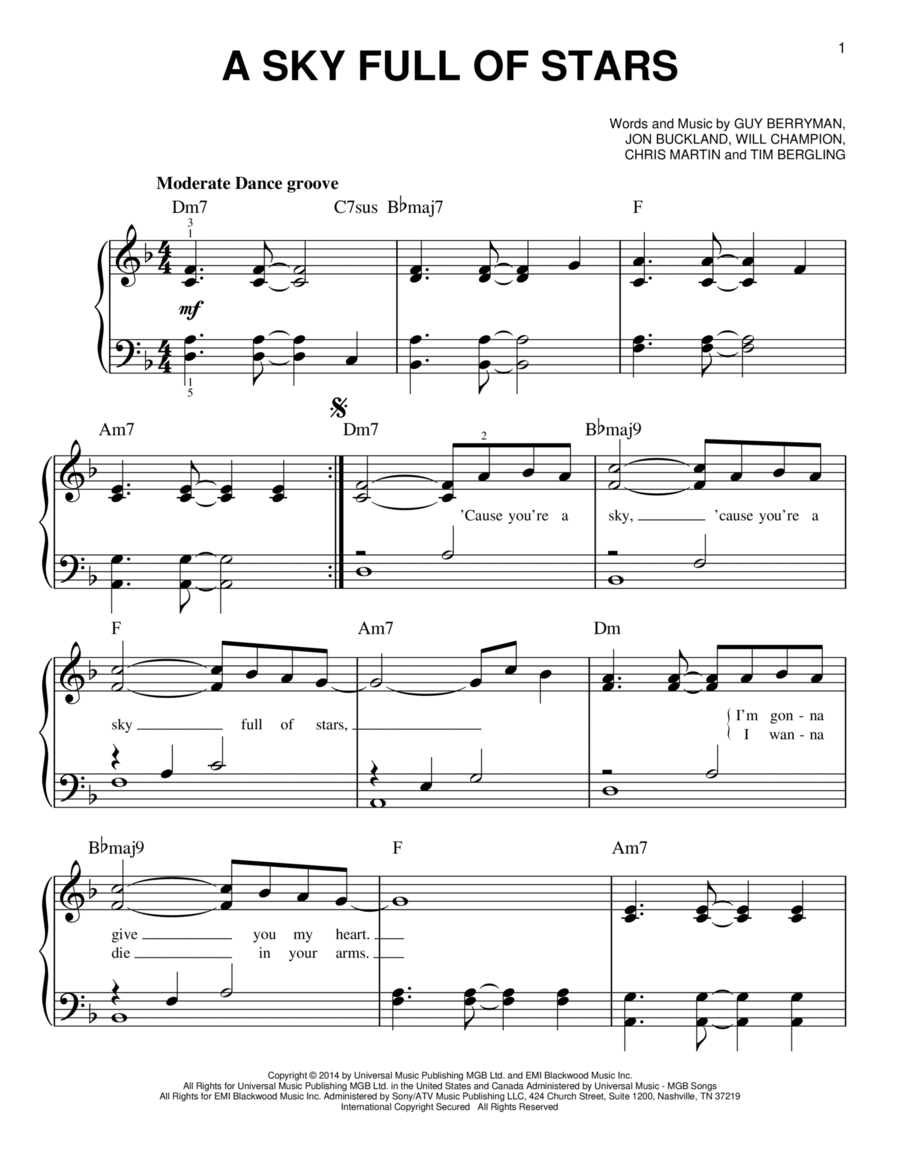 A Sky Full Of Stars Easy Piano scores gallery preview page 1