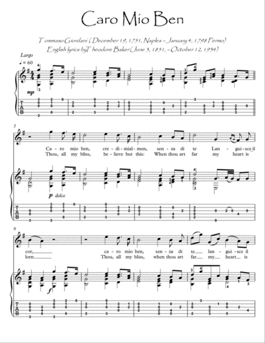 Caro Mio Ben guitar fingerstyle Acoustic Guitar scores gallery preview page 1