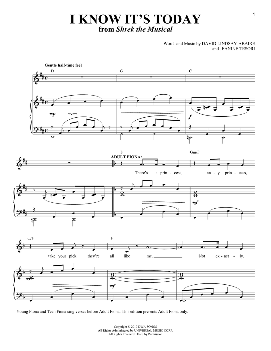 I Know It's Today (from Shrek the Musical) (Adult Fiona) Soprano Voice scores gallery preview page 1