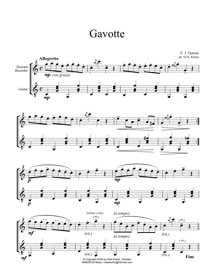 Gavotte by Gossec for descant recorder and guitar image number null
