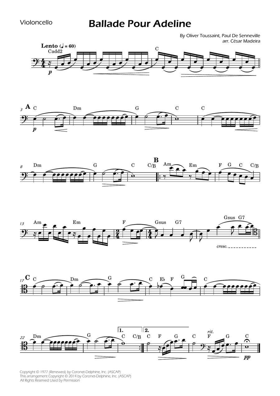 Ballade Pour Adeline Cello Solo scores gallery preview page 1