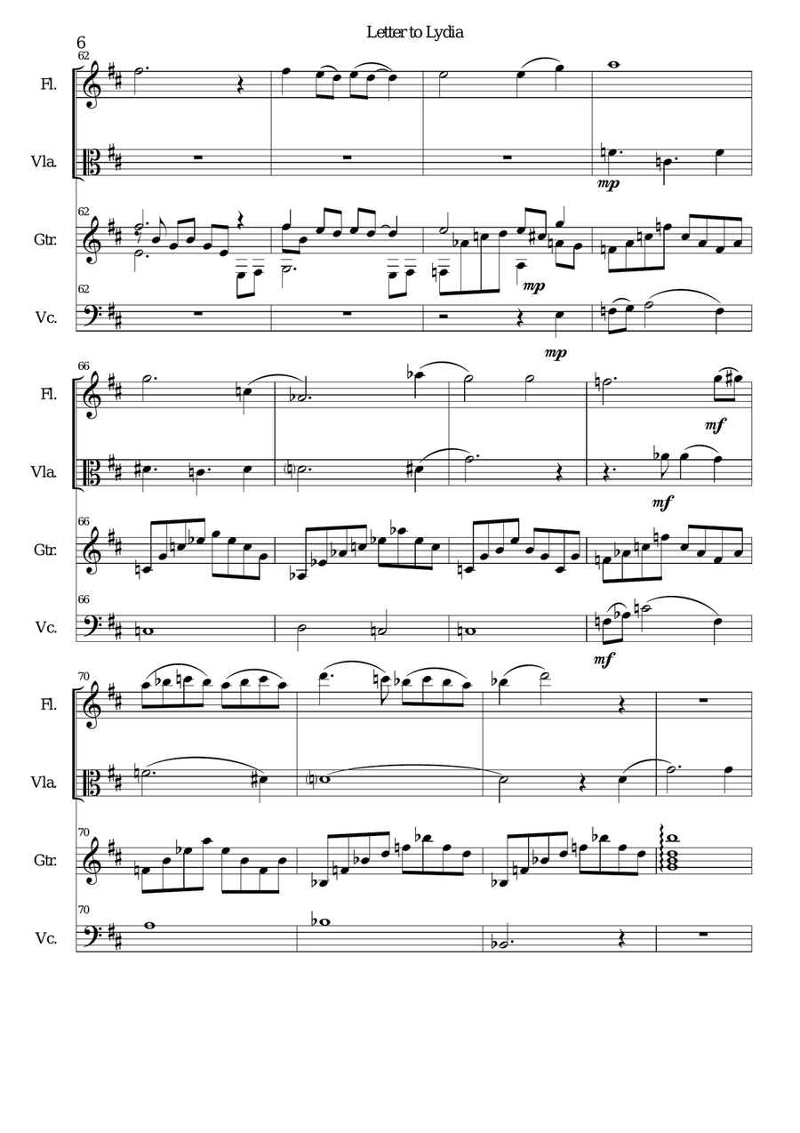 Letter to Lydia for viola, flute, cello and guitar Small Ensemble scores gallery preview page 6