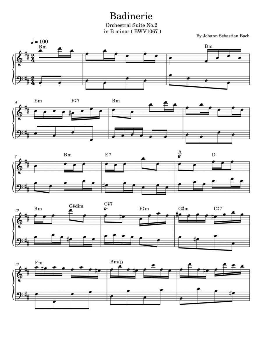 J.S. Bach - Badinerie (From Orchestral Suite no.2 in B minor) - For Easy Piano- With Chord Easy Piano scores gallery preview page 1