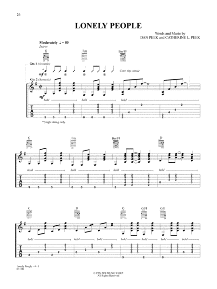 Lonely People Lonely People Guitar Tablature scores gallery preview page 1
