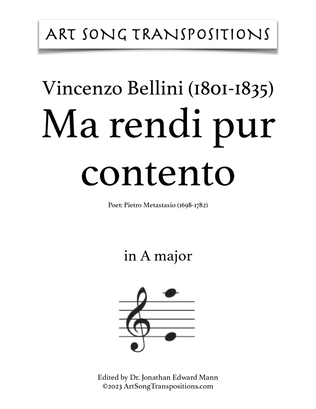 Book cover for BELLINI: Ma rendi pur contento (transposed to A major)
