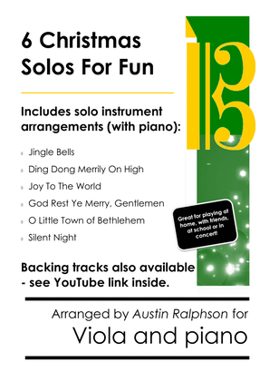 Book cover for 6 Christmas Viola Solos for Fun - with FREE BACKING TRACKS and piano accompaniment to play along wit