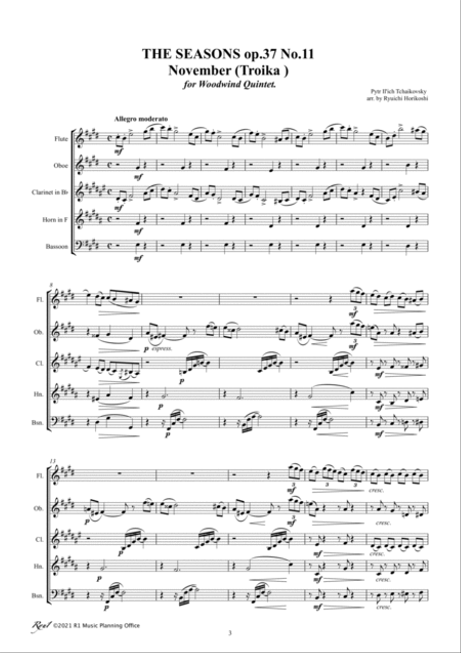 Tchaikovsky: The Seasons Op37 No.11 November (Troika) Woodwind Quintet scores gallery preview page 3