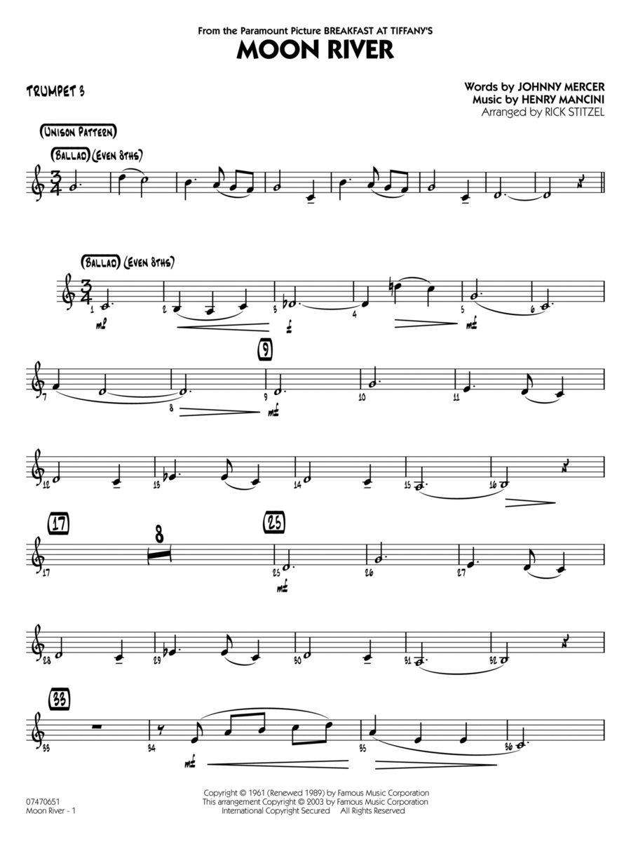 Moon River (arr. Rick Stitzel) - Trumpet 3 Jazz Ensemble scores gallery preview page 1