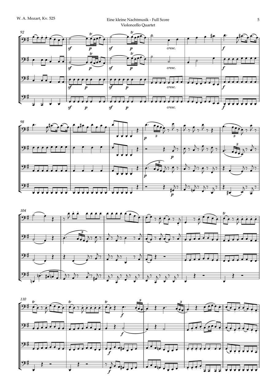 Eine kleine Nachtmusik by Mozart for Cello Quartet String Quartet scores gallery preview page 5