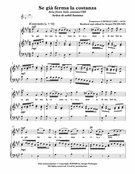 CAVALLI Francesco: Se già ferma la costanza, aria from the cantata, arranged for Voice and Piano (A image number null