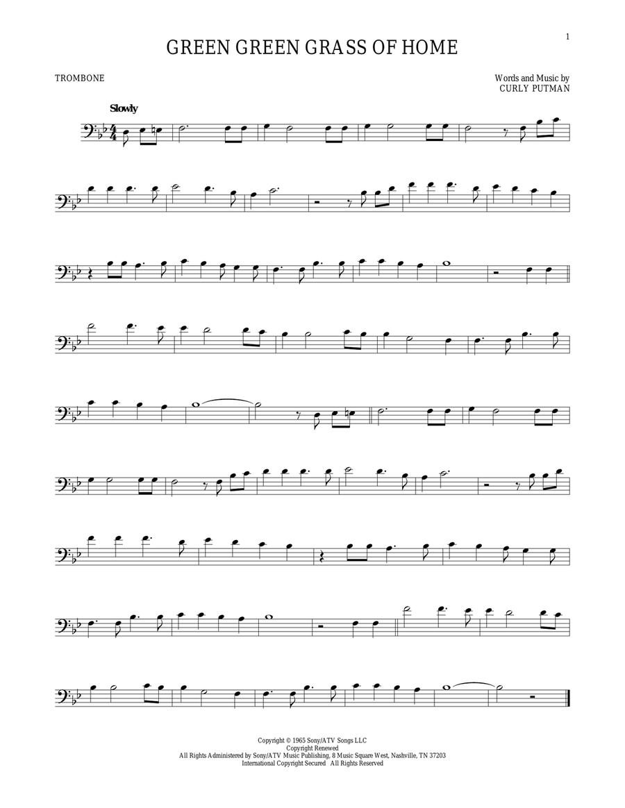 Green Green Grass Of Home Trombone Solo scores gallery preview page 1