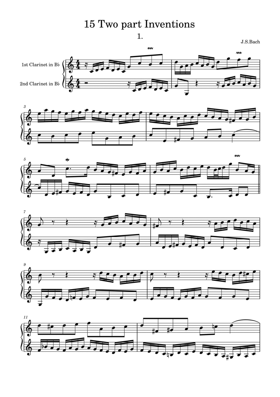 Bach: 15 Inventions for two clarinets Clarinet Duet scores gallery preview page 1