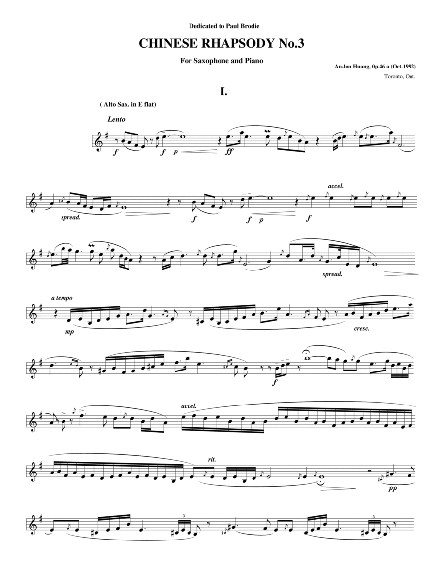 CHINESE RHAPSODY No.3 For Saxophone with various ensemble, Op.46(1988) [Solo part] Alto Saxophone scores gallery preview page 1