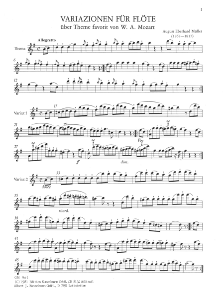 Variations on a 'theme favorit' by W. A. Mozart for flute solo