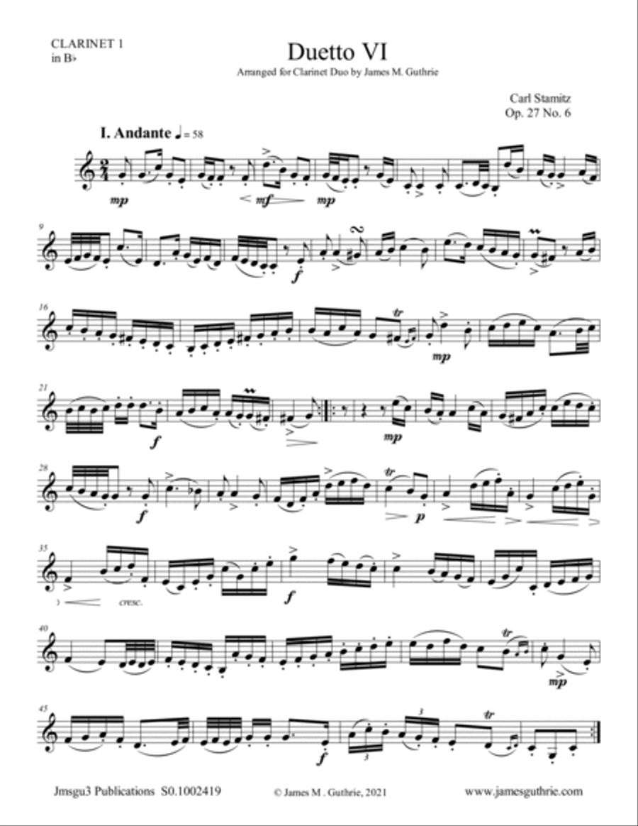 Stamitz: Duet Op. 27 No. 6 for Clarinet Duo Clarinet Duet scores gallery preview page 4