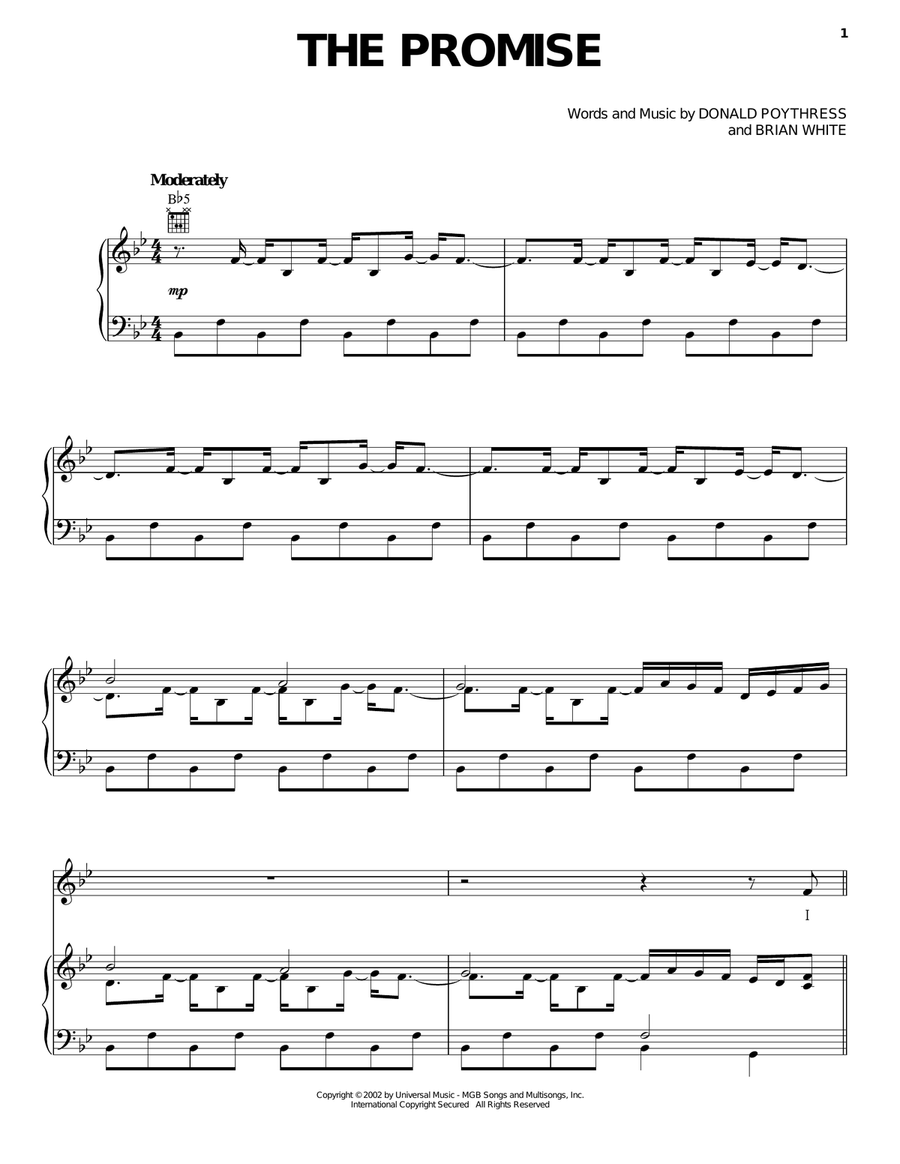 The Promise Piano, Vocal, Guitar scores gallery preview page 1
