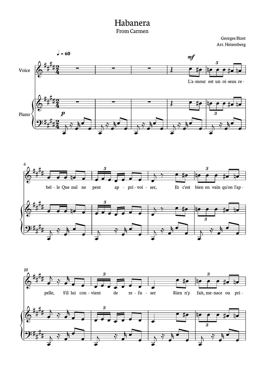 Habanera - Carmen for piano and voice in C# minor. Piano, Vocal scores gallery preview page 1