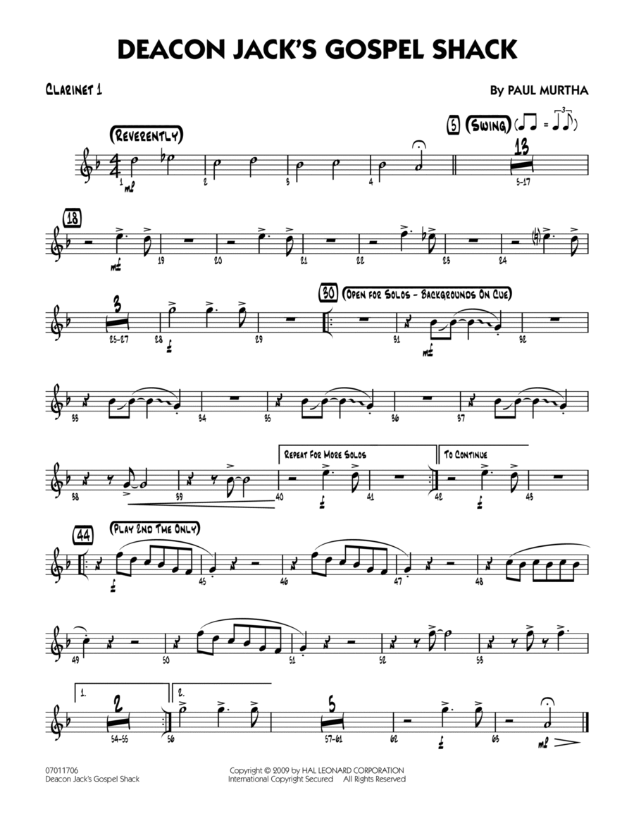 Deacon Jack's Gospel Shack - Bb Clarinet 1 B-Flat Clarinet scores gallery preview page 1