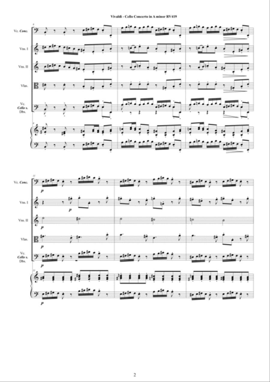 Vivaldi - Cello Concerto in A minor RV419 for Cello, Strings and Cembalo Chamber Orchestra scores gallery preview page 2