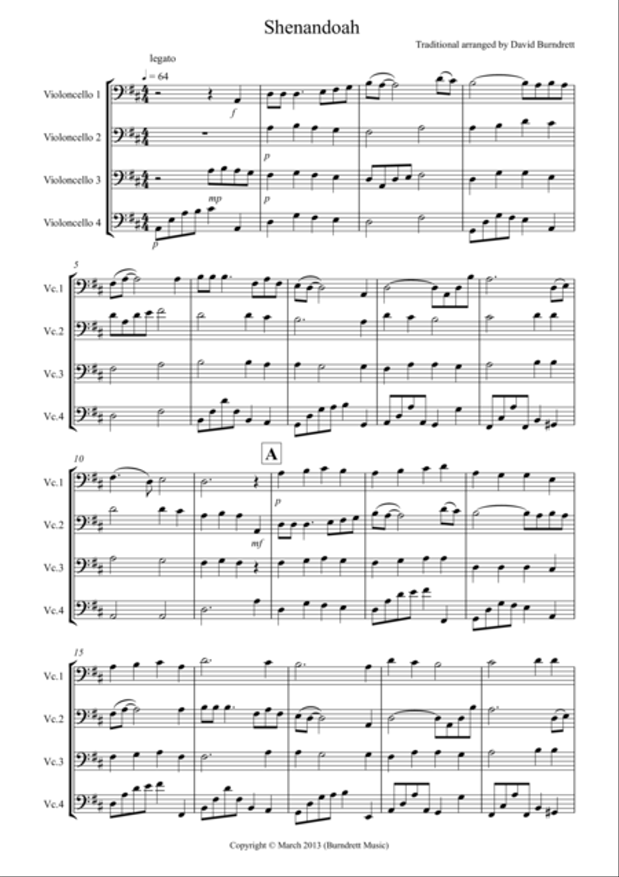 Shenandoah for Cello Quartet Shenandoah for Cello Quartet Cello Solo scores gallery preview page 1