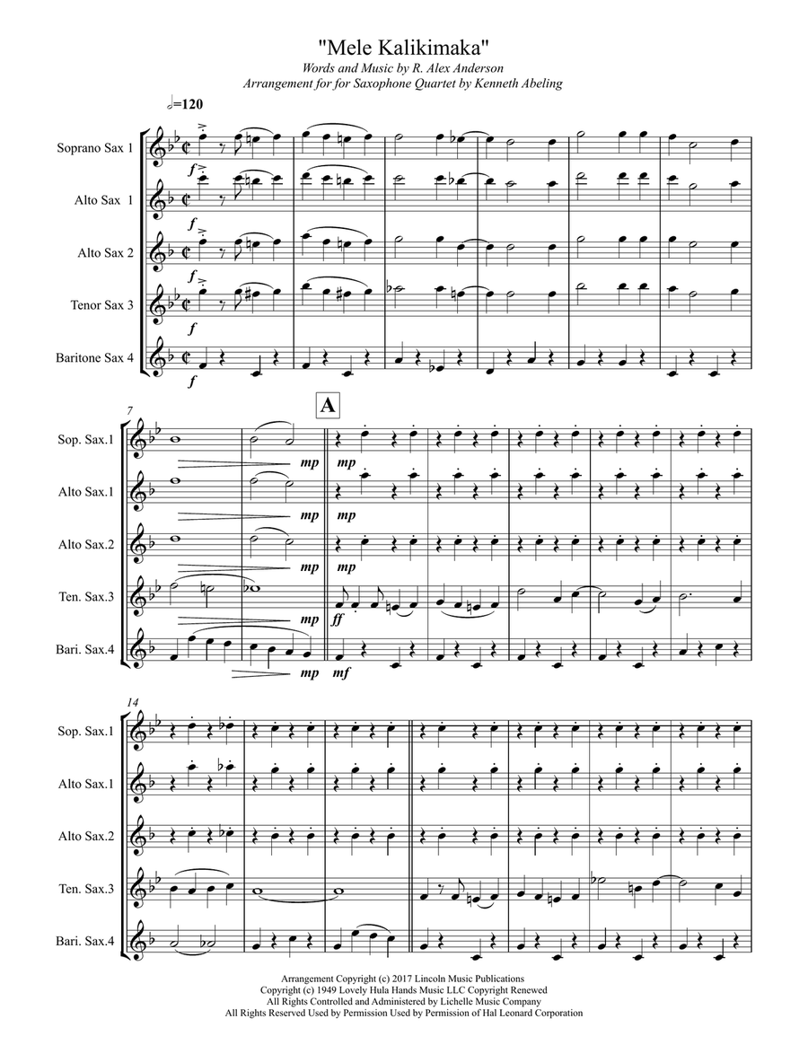 Mele Kalikimaka Saxophone Quartet scores gallery preview page 2