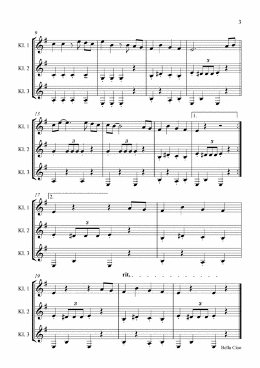 Bella Ciao for three Clarinets Clarinettrio Woodwind Trio scores gallery preview page 3
