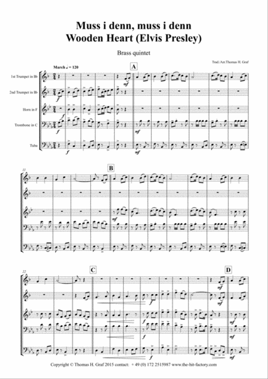 Muss i denn, muss i denn, zum Städele hinaus - Wooden Heart (Elvis Presley) - Brass Quintet Brass Quintet scores gallery preview page 2