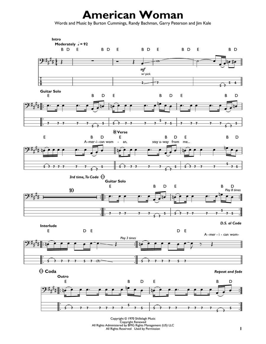 American Woman Bass Guitar scores gallery preview page 1