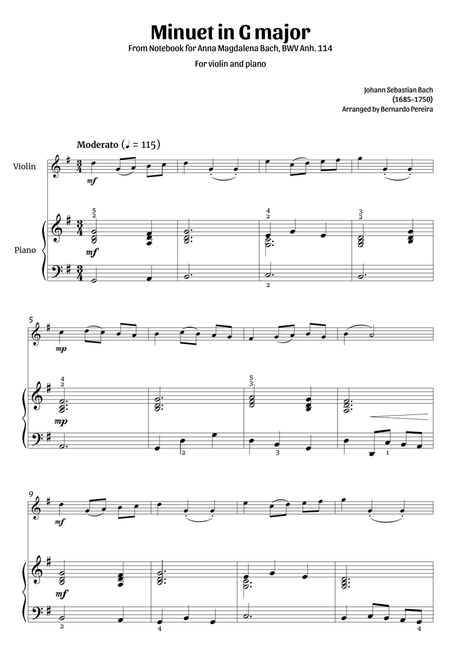 Minuet in G major (violin and piano – clean with fingering) Violin Solo scores gallery preview page 1