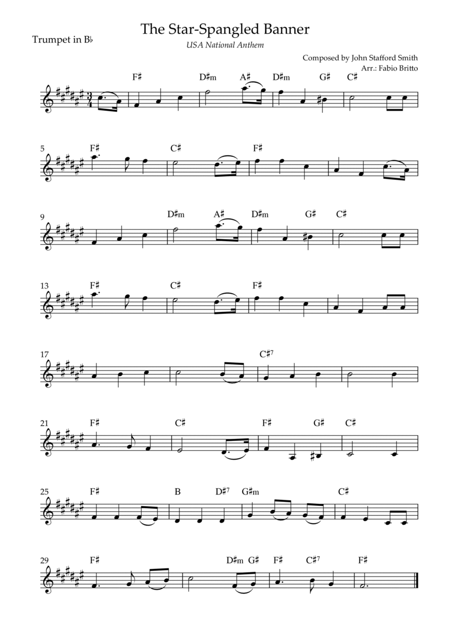 The Star Spangled Banner (USA National Anthem) for Trumpet in Bb Solo with Chords (E Major) B-Flat Trumpet scores gallery preview page 1