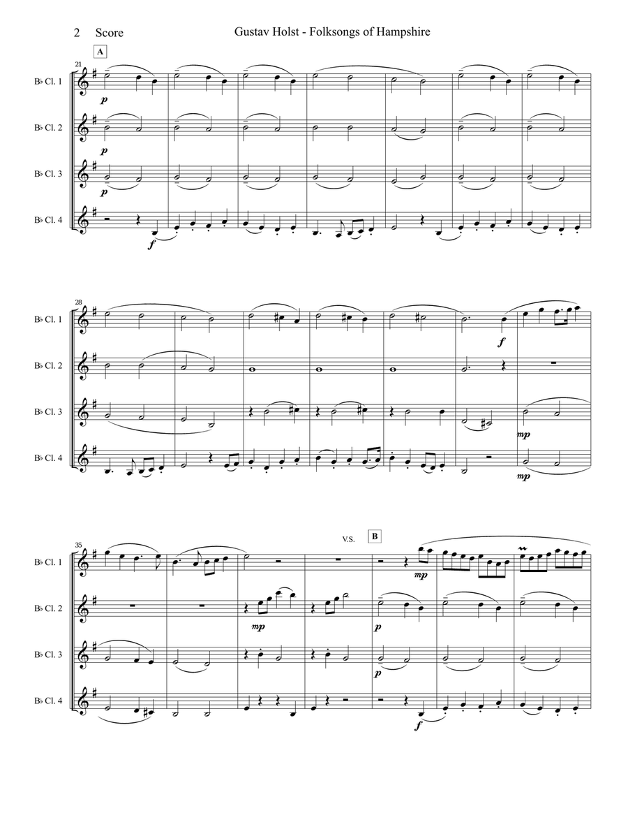 Gustav Holst - Folksongs of Hampshire set for Clarinet Quartet Clarinet Quartet scores gallery preview page 3