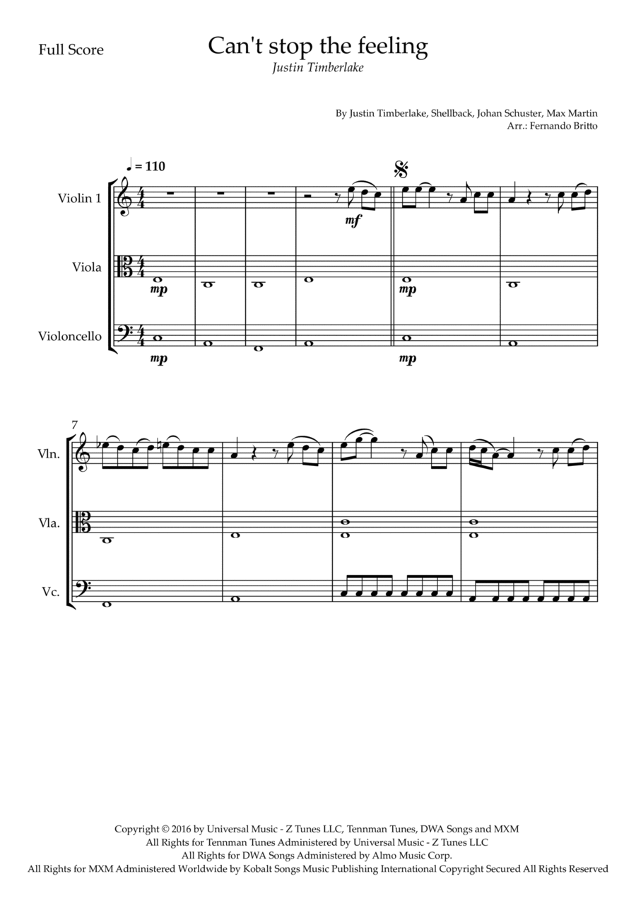 Can't Stop The Feeling! String Trio scores gallery preview page 1
