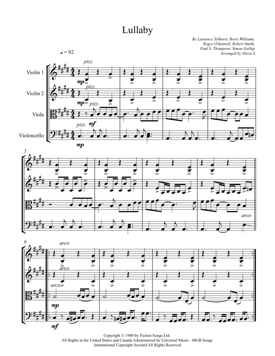 Lullaby String Quartet scores gallery preview page 1