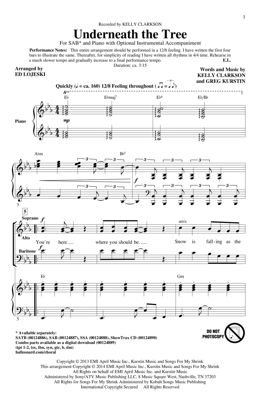 Underneath The Tree (arr. Ed Lojeski) 3-Part scores gallery preview page 1